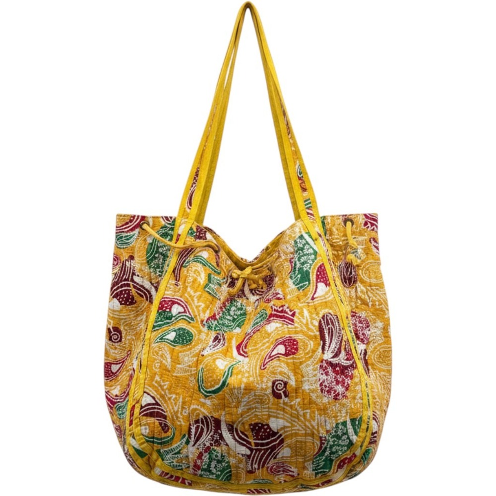 Karma Highway Yellow Paisley Quilted Viscose Drawstring Tote Bag Bohemian